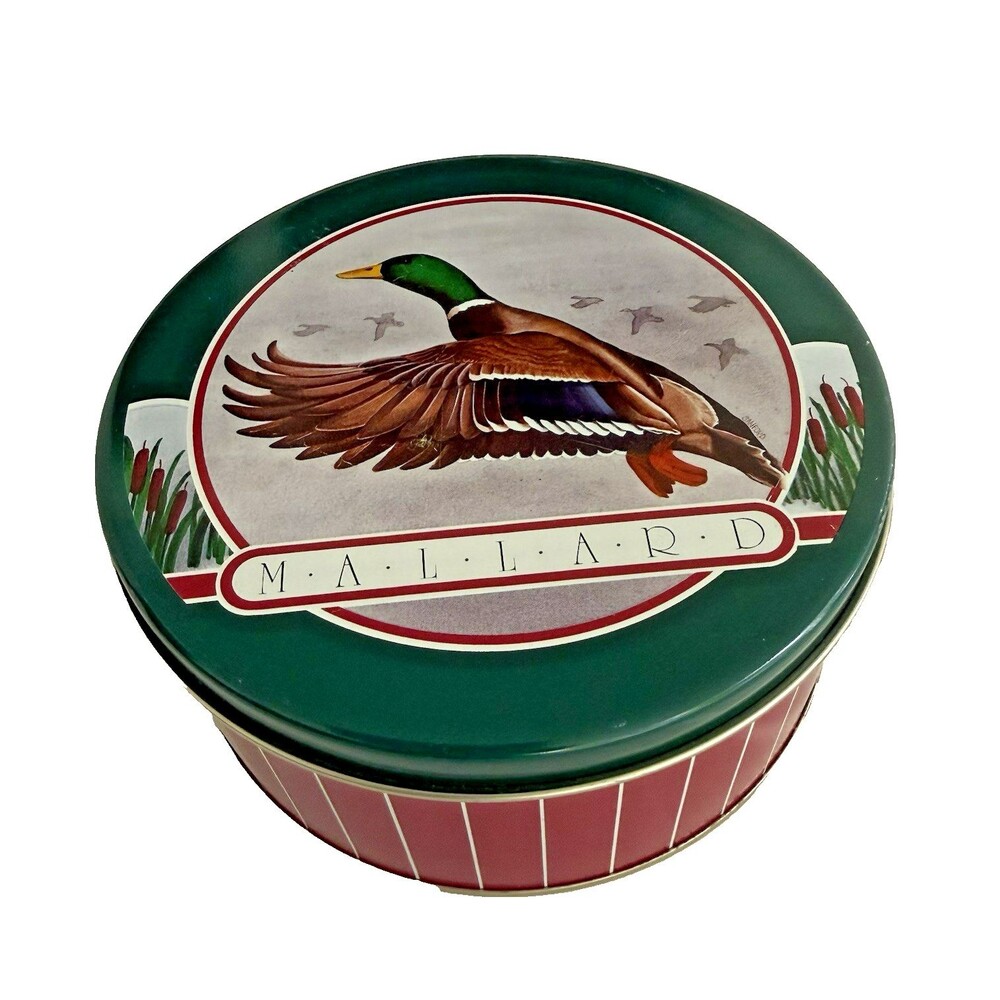 Vintage Mallard Duck Tin Metal Can Container Lid Round 6in Cookie Sewing Candy